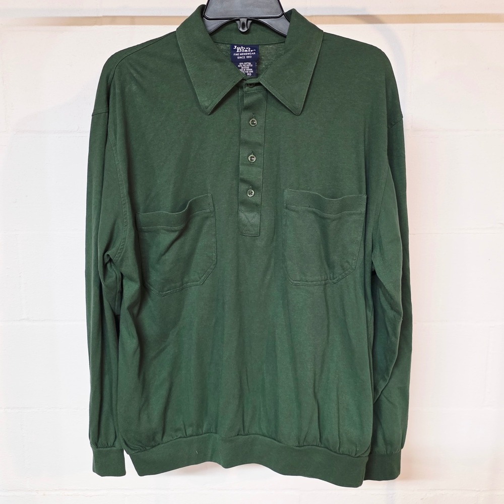 Vintage John Blair Mens Large Forest Green Long Sleeve Polo Shirt Dual Pocket